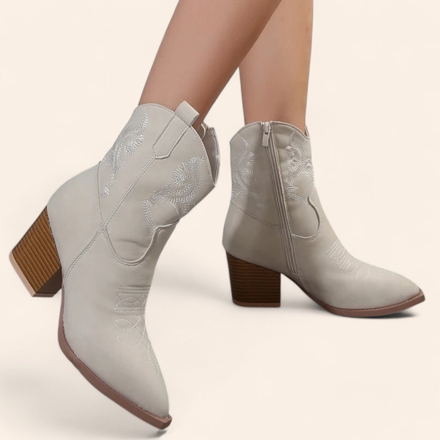 Grey beige cowboy boots with embroider - N°141