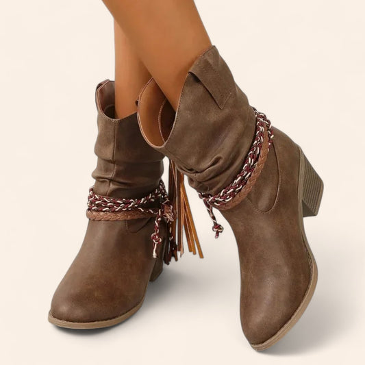 Brown vintage-style cowboy ankle boots with straps - N°62