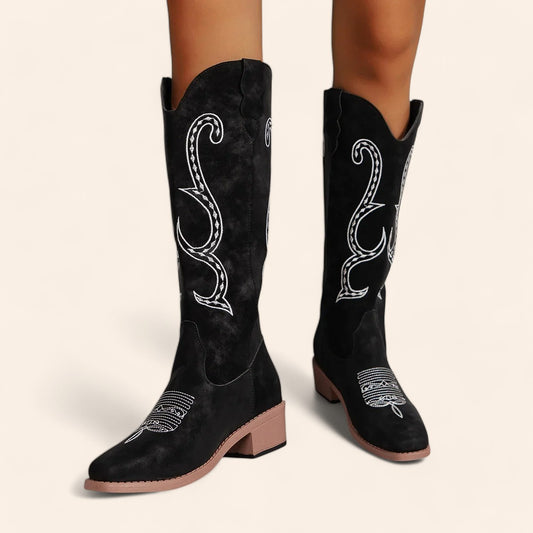 Black suede cowboy boots with embroidery - N°27