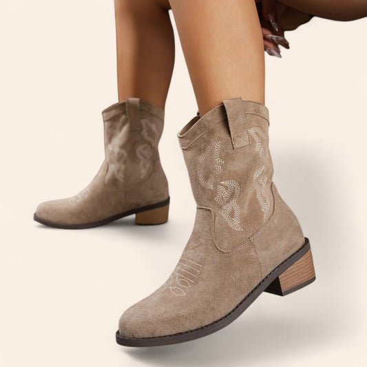 Dark beige suede cowboy ankle boots with embroidery - N°135