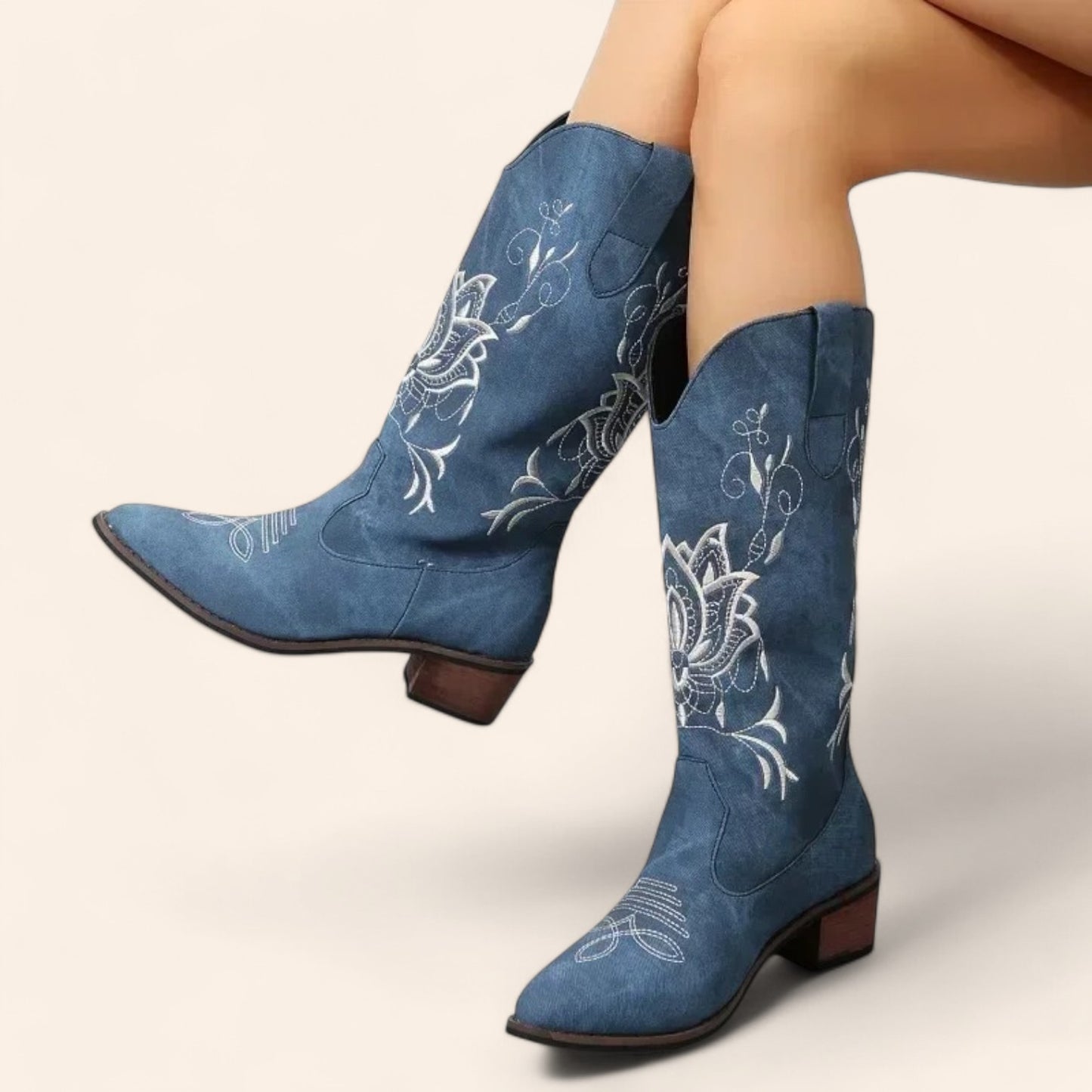 Blue cowboy boots with floral embroidery - N°146