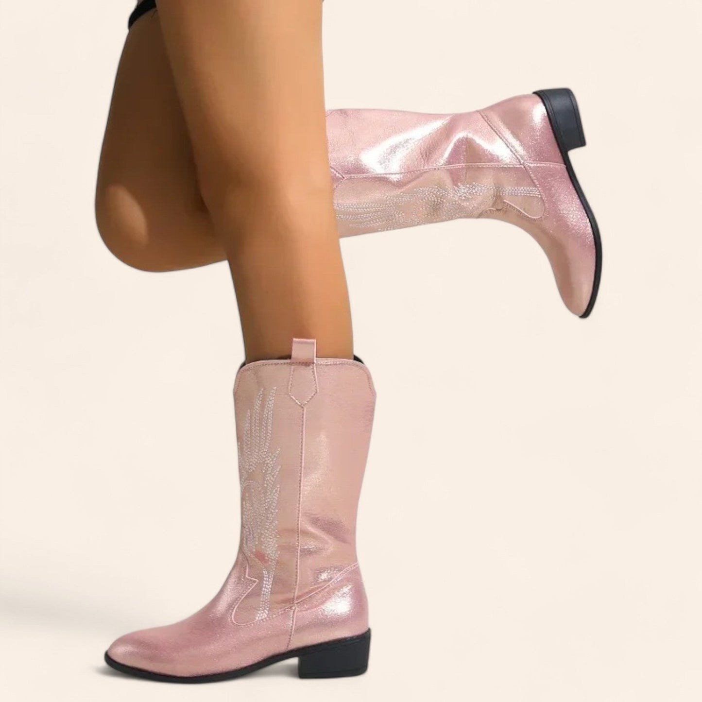 Shiny pink cowboy boots with black heels - N°72