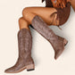 Brown cowboy boots with leaf embroidery - faded style - N°108