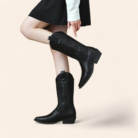 Black cowboy boots with embossed embroidery - N°28