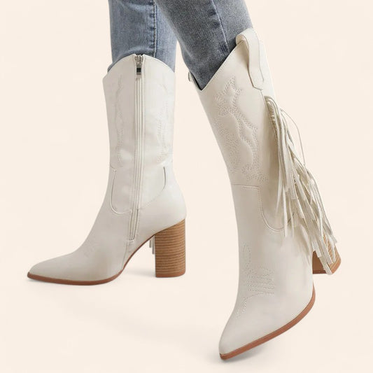 White cowboy boots with zipper and small fringes - N°7