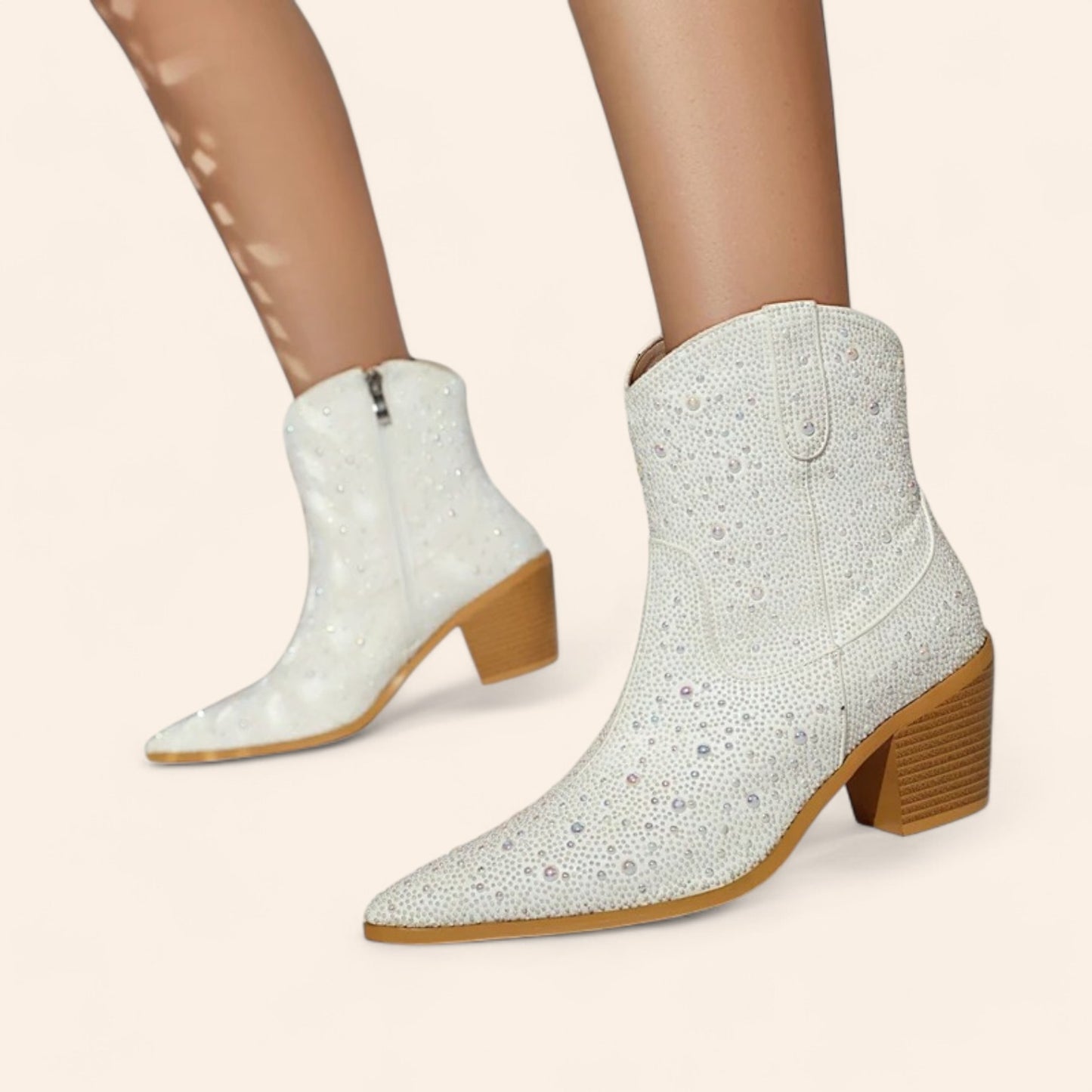 White cowboy ankle boots with pearls - N°13