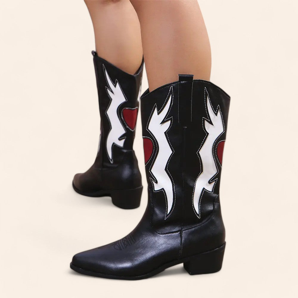 Black cowboy boots with white and red embroidery - N°26