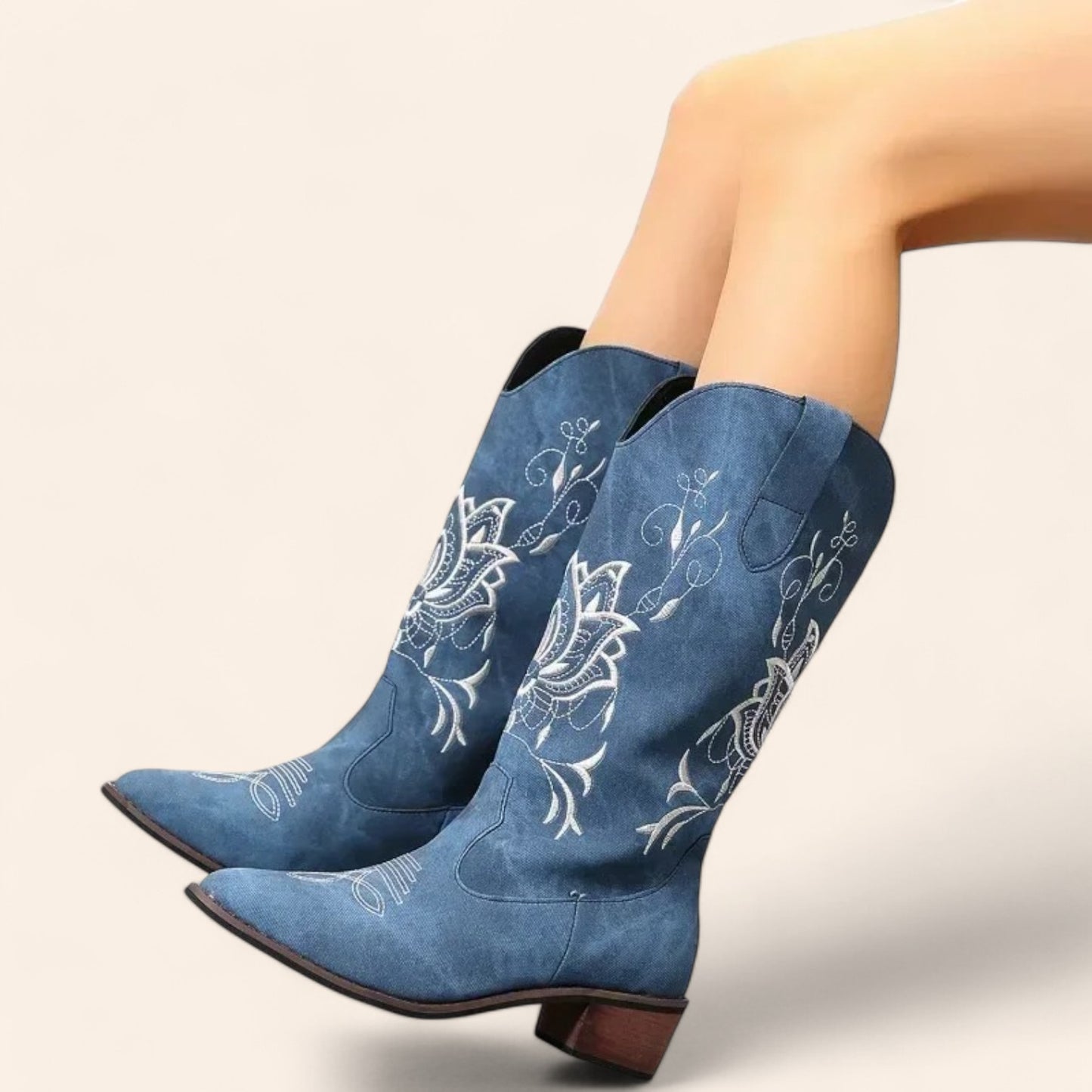 Blue cowboy boots with floral embroidery - N°146