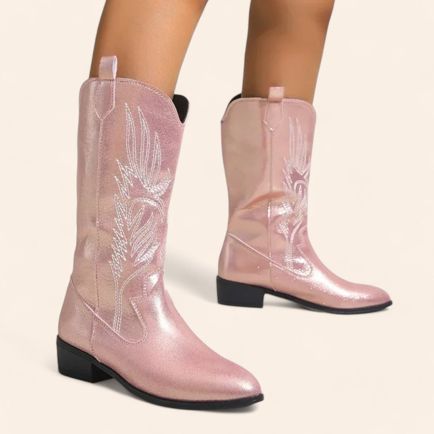 Shiny pink cowboy boots with black heels - N°72