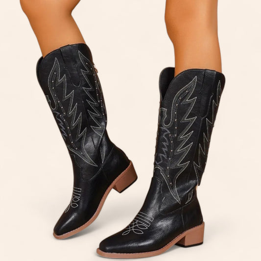 Black cowboy boots with leaf embroidery - faded style - N°109