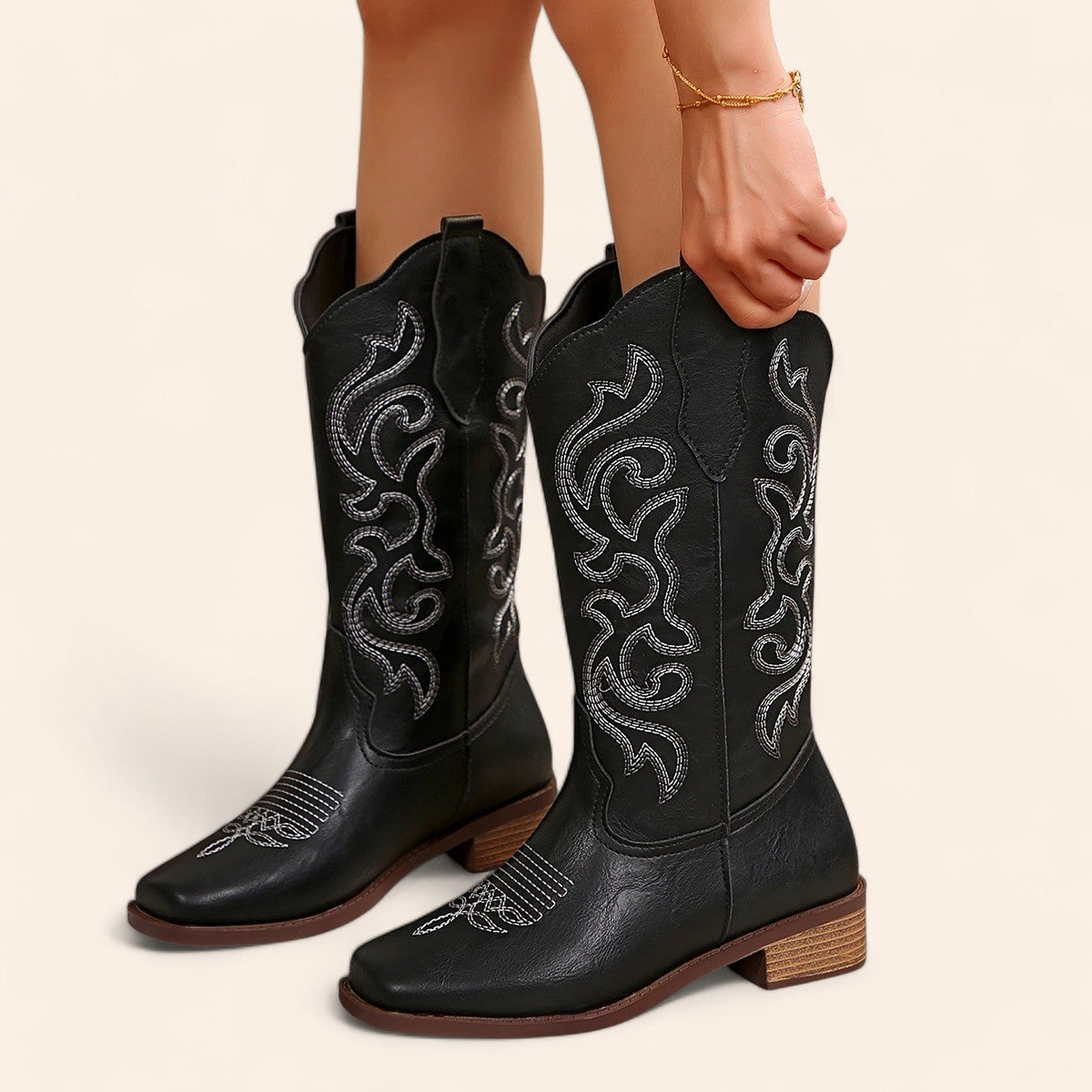 Black cowboy boots with dark brown heels - N°116