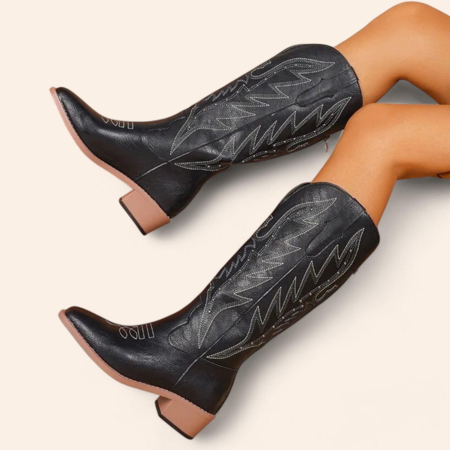 Black cowboy boots with leaf embroidery - faded style - N°109