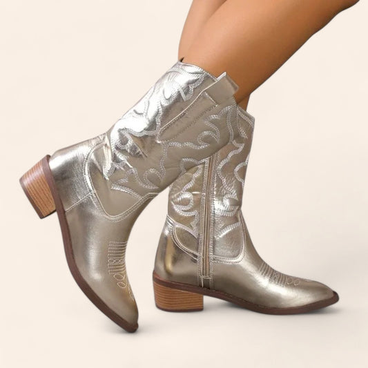 Gold cowboy boots with embroidery - classic style - N°129