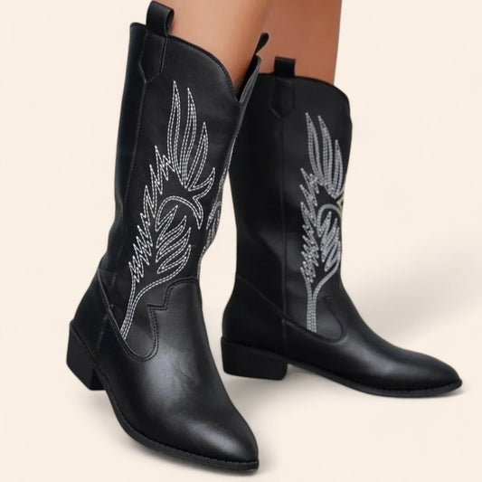 Black cowboy boots with white embroidery and pointed toe - N°23