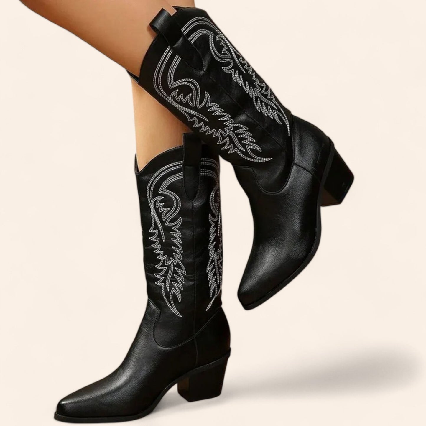 Black cowboy boots with embroidery and black soles - N°19